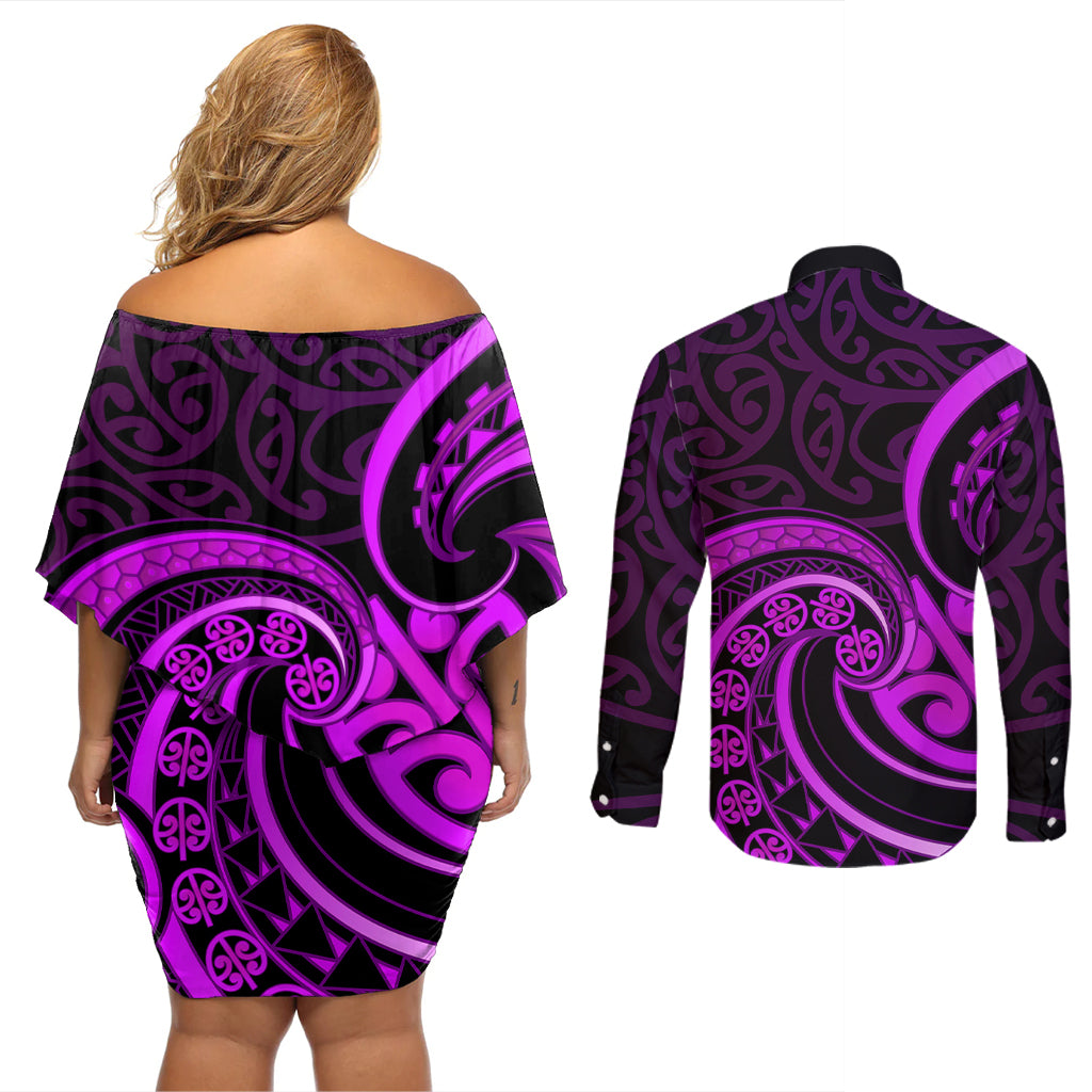 Purple Aotearoa Mangopare Couples Matching Off Shoulder Short Dress and Long Sleeve Button Shirt NZ Maori Koru Style