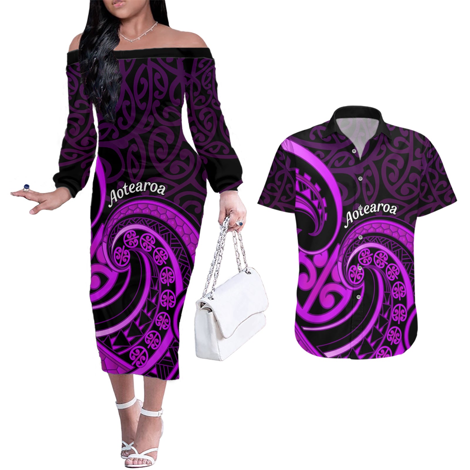 Purple Aotearoa Mangopare Couples Matching Off The Shoulder Long Sleeve Dress and Hawaiian Shirt NZ Maori Koru Style