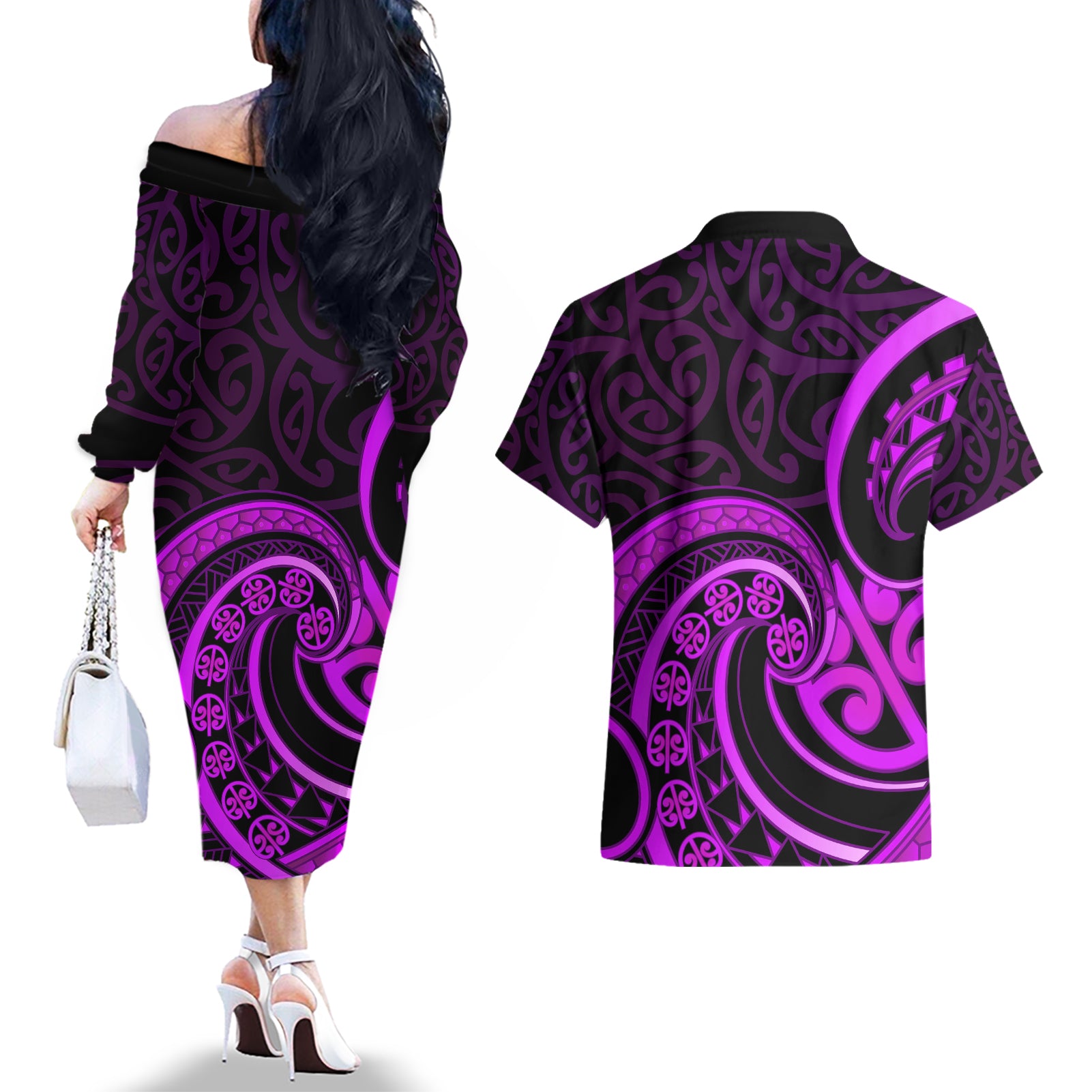 Purple Aotearoa Mangopare Couples Matching Off The Shoulder Long Sleeve Dress and Hawaiian Shirt NZ Maori Koru Style