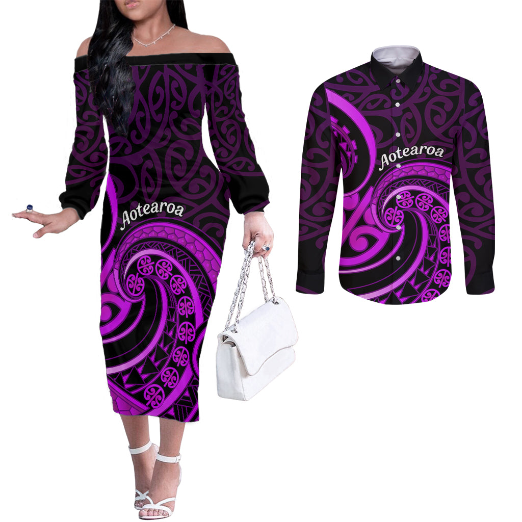 Purple Aotearoa Mangopare Couples Matching Off The Shoulder Long Sleeve Dress and Long Sleeve Button Shirt NZ Maori Koru Style