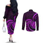 Purple Aotearoa Mangopare Couples Matching Off The Shoulder Long Sleeve Dress and Long Sleeve Button Shirt NZ Maori Koru Style