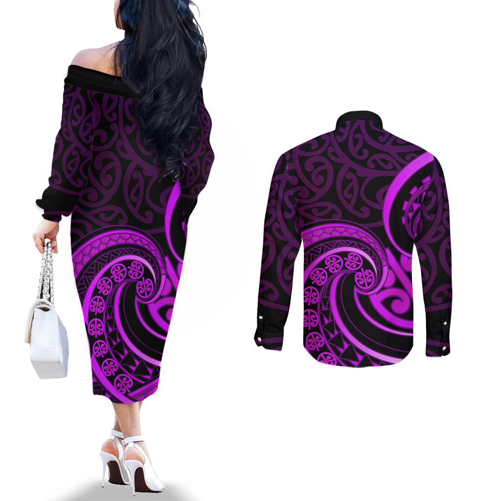 Purple Aotearoa Mangopare Couples Matching Off The Shoulder Long Sleeve Dress and Long Sleeve Button Shirt NZ Maori Koru Style