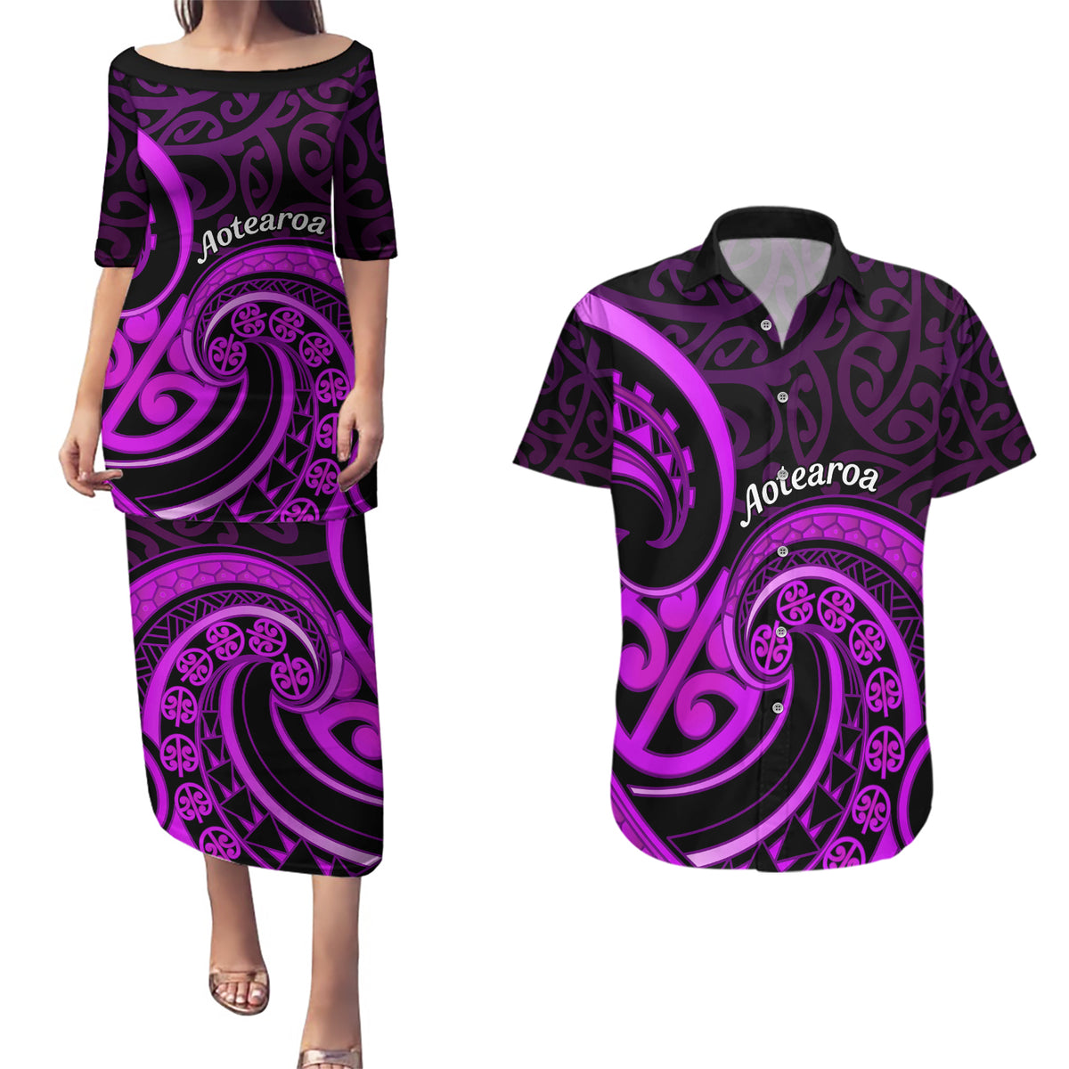 Purple Aotearoa Mangopare Couples Matching Puletasi and Hawaiian Shirt NZ Maori Koru Style