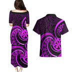 Purple Aotearoa Mangopare Couples Matching Puletasi and Hawaiian Shirt NZ Maori Koru Style