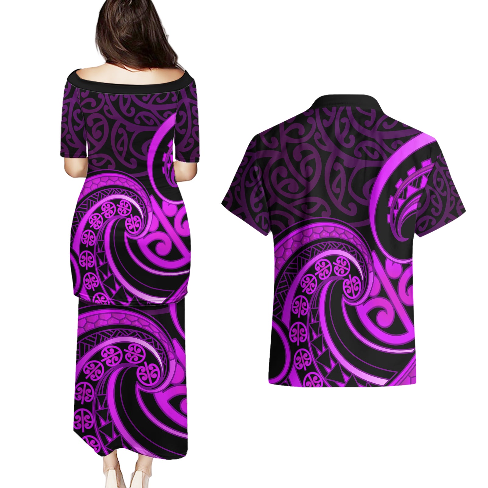 Purple Aotearoa Mangopare Couples Matching Puletasi and Hawaiian Shirt NZ Maori Koru Style