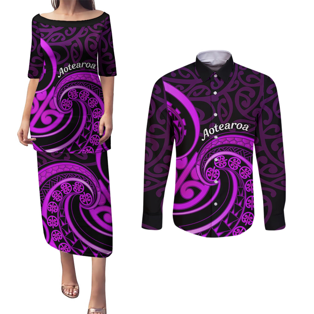 Purple Aotearoa Mangopare Couples Matching Puletasi and Long Sleeve Button Shirt NZ Maori Koru Style