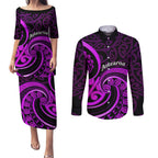 Purple Aotearoa Mangopare Couples Matching Puletasi and Long Sleeve Button Shirt NZ Maori Koru Style