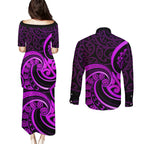 Purple Aotearoa Mangopare Couples Matching Puletasi and Long Sleeve Button Shirt NZ Maori Koru Style