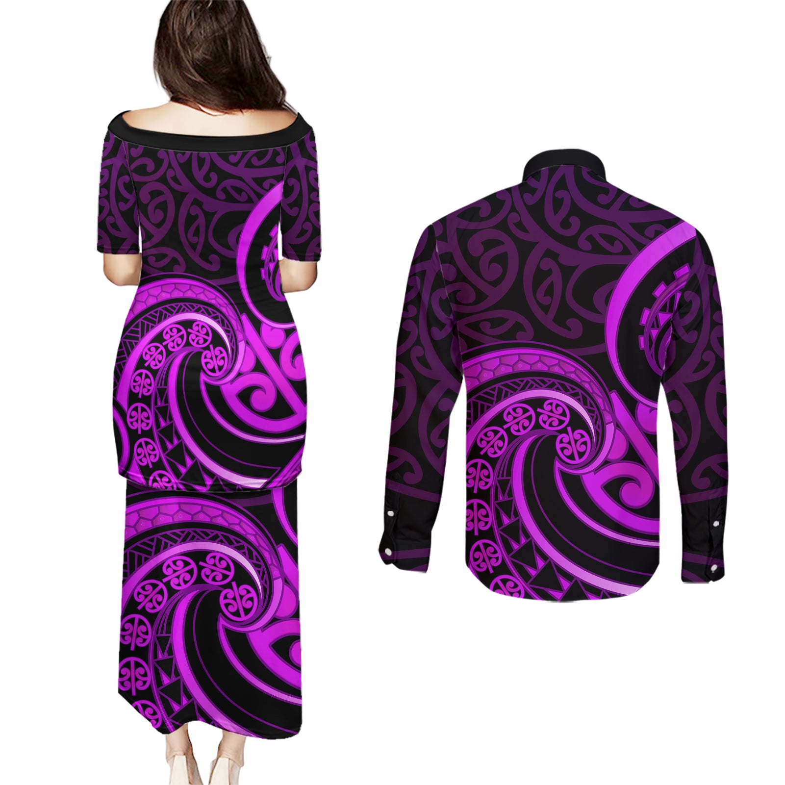 Purple Aotearoa Mangopare Couples Matching Puletasi and Long Sleeve Button Shirt NZ Maori Koru Style