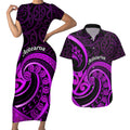 Purple Aotearoa Mangopare Couples Matching Short Sleeve Bodycon Dress and Hawaiian Shirt NZ Maori Koru Style