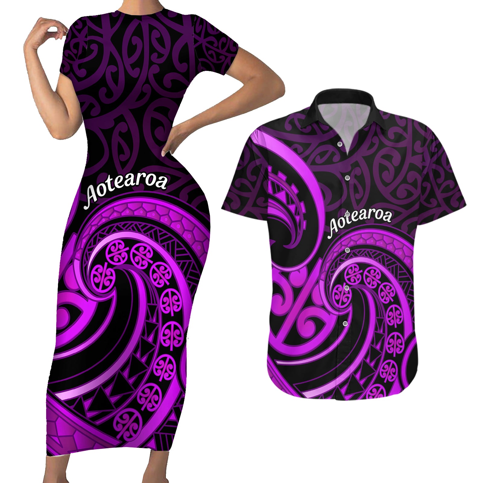 Purple Aotearoa Mangopare Couples Matching Short Sleeve Bodycon Dress and Hawaiian Shirt NZ Maori Koru Style