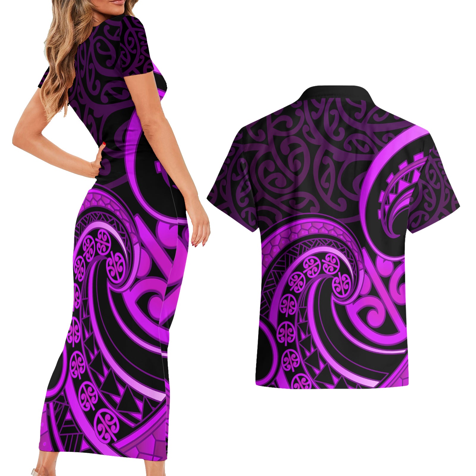 Purple Aotearoa Mangopare Couples Matching Short Sleeve Bodycon Dress and Hawaiian Shirt NZ Maori Koru Style