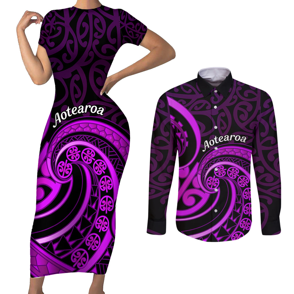 Purple Aotearoa Mangopare Couples Matching Short Sleeve Bodycon Dress and Long Sleeve Button Shirt NZ Maori Koru Style