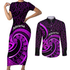 Purple Aotearoa Mangopare Couples Matching Short Sleeve Bodycon Dress and Long Sleeve Button Shirt NZ Maori Koru Style