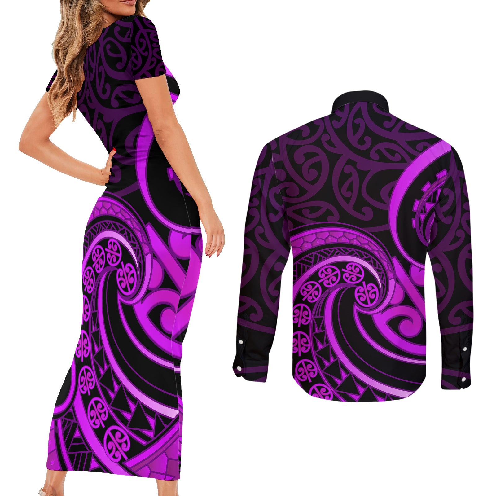 Purple Aotearoa Mangopare Couples Matching Short Sleeve Bodycon Dress and Long Sleeve Button Shirt NZ Maori Koru Style