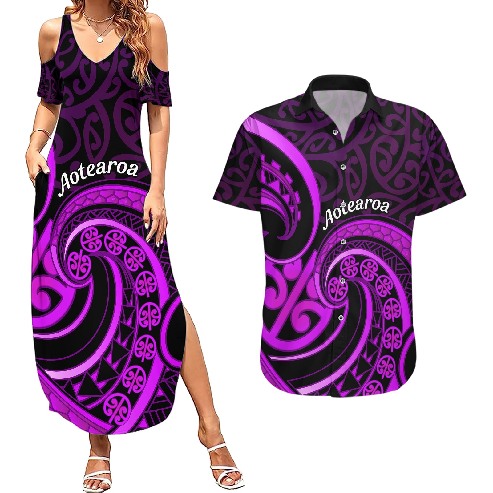 Purple Aotearoa Mangopare Couples Matching Summer Maxi Dress and Hawaiian Shirt NZ Maori Koru Style