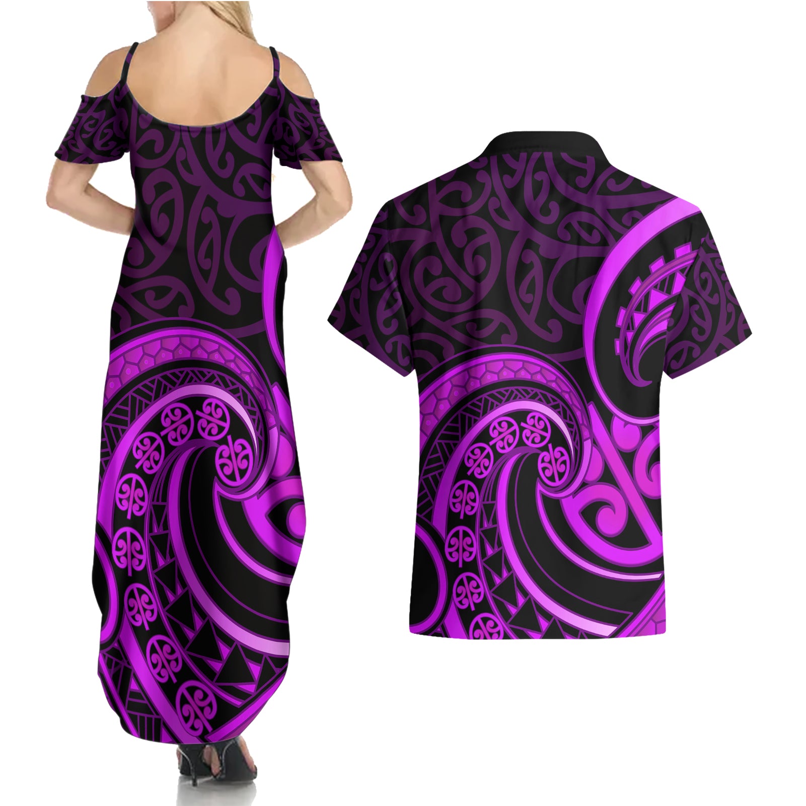 Purple Aotearoa Mangopare Couples Matching Summer Maxi Dress and Hawaiian Shirt NZ Maori Koru Style