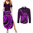 Purple Aotearoa Mangopare Couples Matching Summer Maxi Dress and Long Sleeve Button Shirt NZ Maori Koru Style