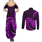 Purple Aotearoa Mangopare Couples Matching Summer Maxi Dress and Long Sleeve Button Shirt NZ Maori Koru Style