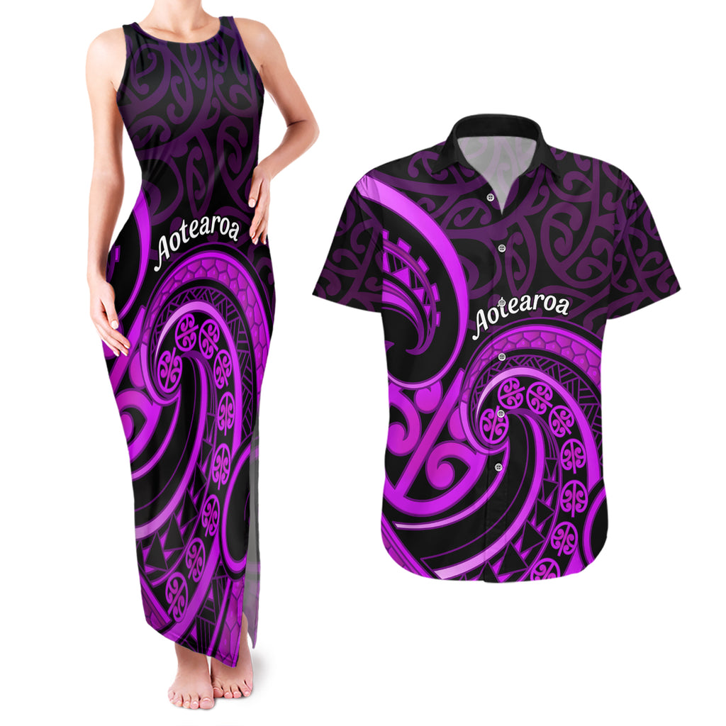 Purple Aotearoa Mangopare Couples Matching Tank Maxi Dress and Hawaiian Shirt NZ Maori Koru Style