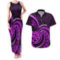 Purple Aotearoa Mangopare Couples Matching Tank Maxi Dress and Hawaiian Shirt NZ Maori Koru Style
