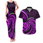 Purple Aotearoa Mangopare Couples Matching Tank Maxi Dress and Hawaiian Shirt NZ Maori Koru Style