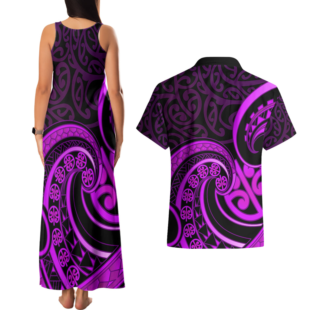 Purple Aotearoa Mangopare Couples Matching Tank Maxi Dress and Hawaiian Shirt NZ Maori Koru Style