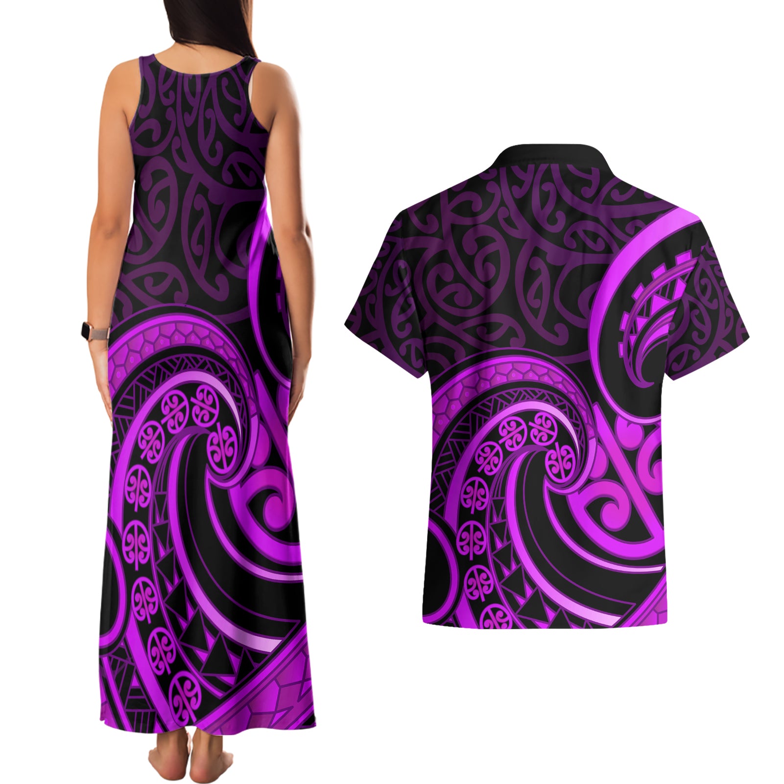 Purple Aotearoa Mangopare Couples Matching Tank Maxi Dress and Hawaiian Shirt NZ Maori Koru Style
