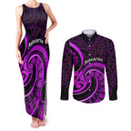 Purple Aotearoa Mangopare Couples Matching Tank Maxi Dress and Long Sleeve Button Shirt NZ Maori Koru Style
