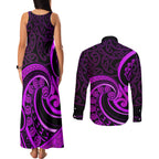 Purple Aotearoa Mangopare Couples Matching Tank Maxi Dress and Long Sleeve Button Shirt NZ Maori Koru Style