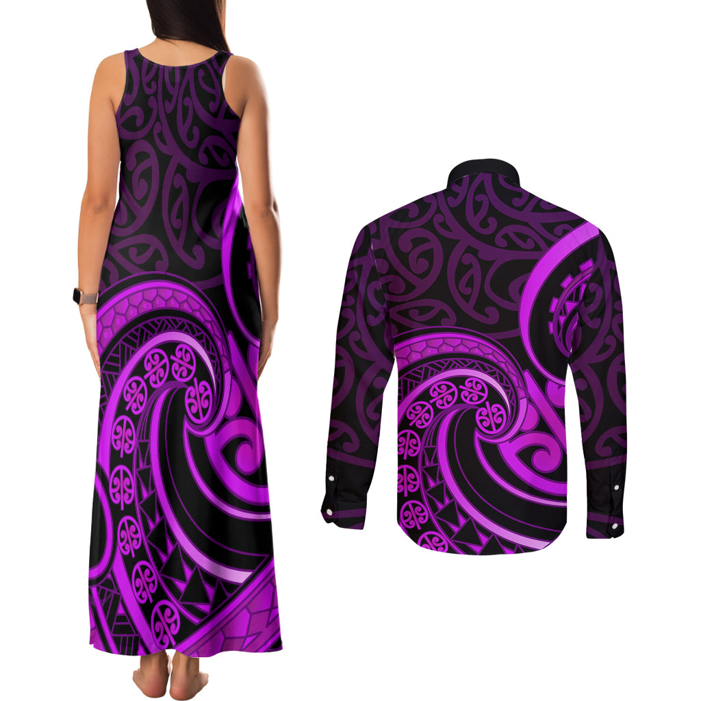 Purple Aotearoa Mangopare Couples Matching Tank Maxi Dress and Long Sleeve Button Shirt NZ Maori Koru Style