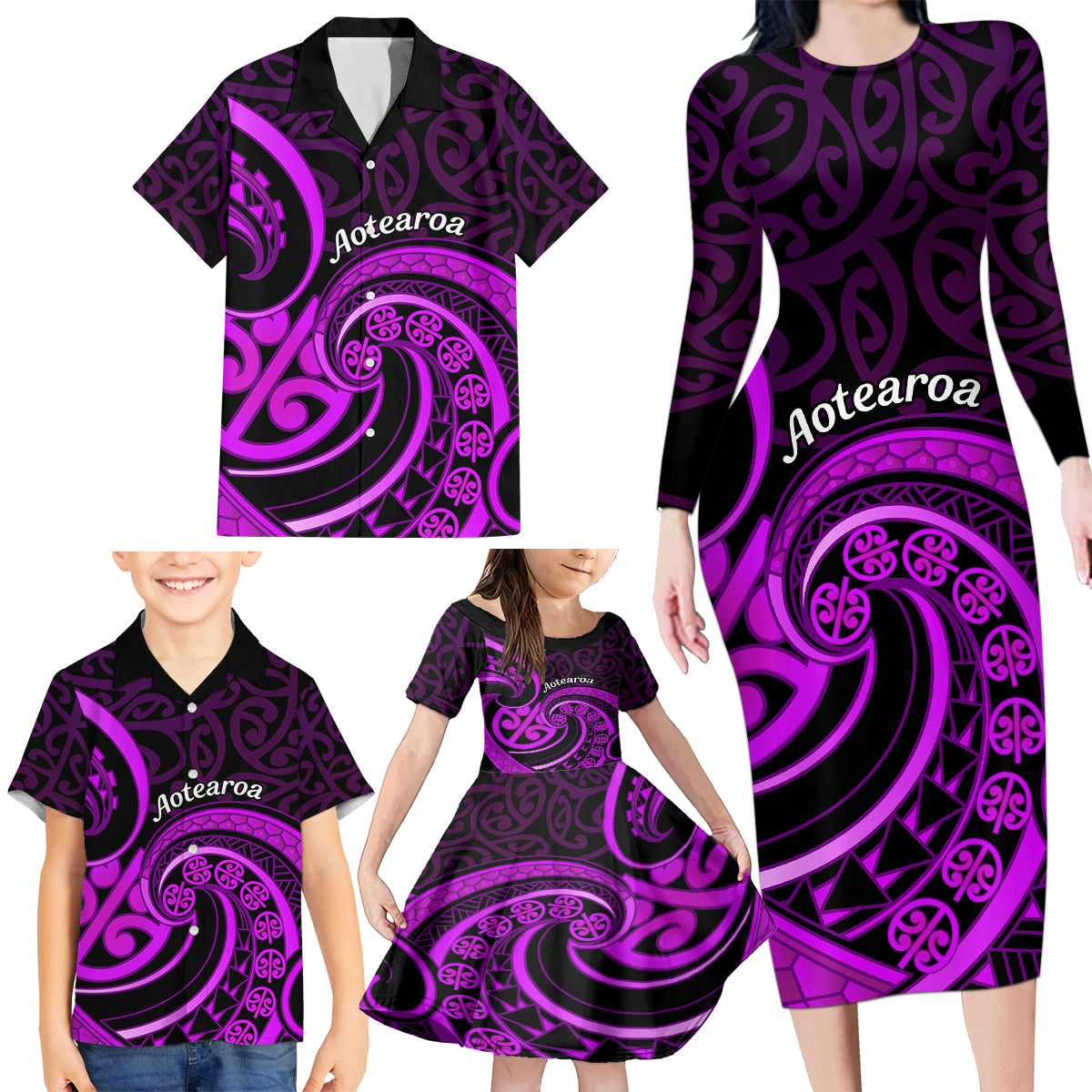 Purple Aotearoa Mangopare Family Matching Long Sleeve Bodycon Dress and Hawaiian Shirt NZ Maori Koru Style