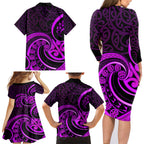 Purple Aotearoa Mangopare Family Matching Long Sleeve Bodycon Dress and Hawaiian Shirt NZ Maori Koru Style