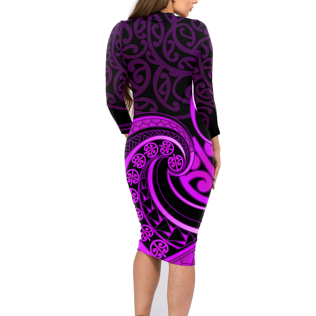 Purple Aotearoa Mangopare Family Matching Long Sleeve Bodycon Dress and Hawaiian Shirt NZ Maori Koru Style