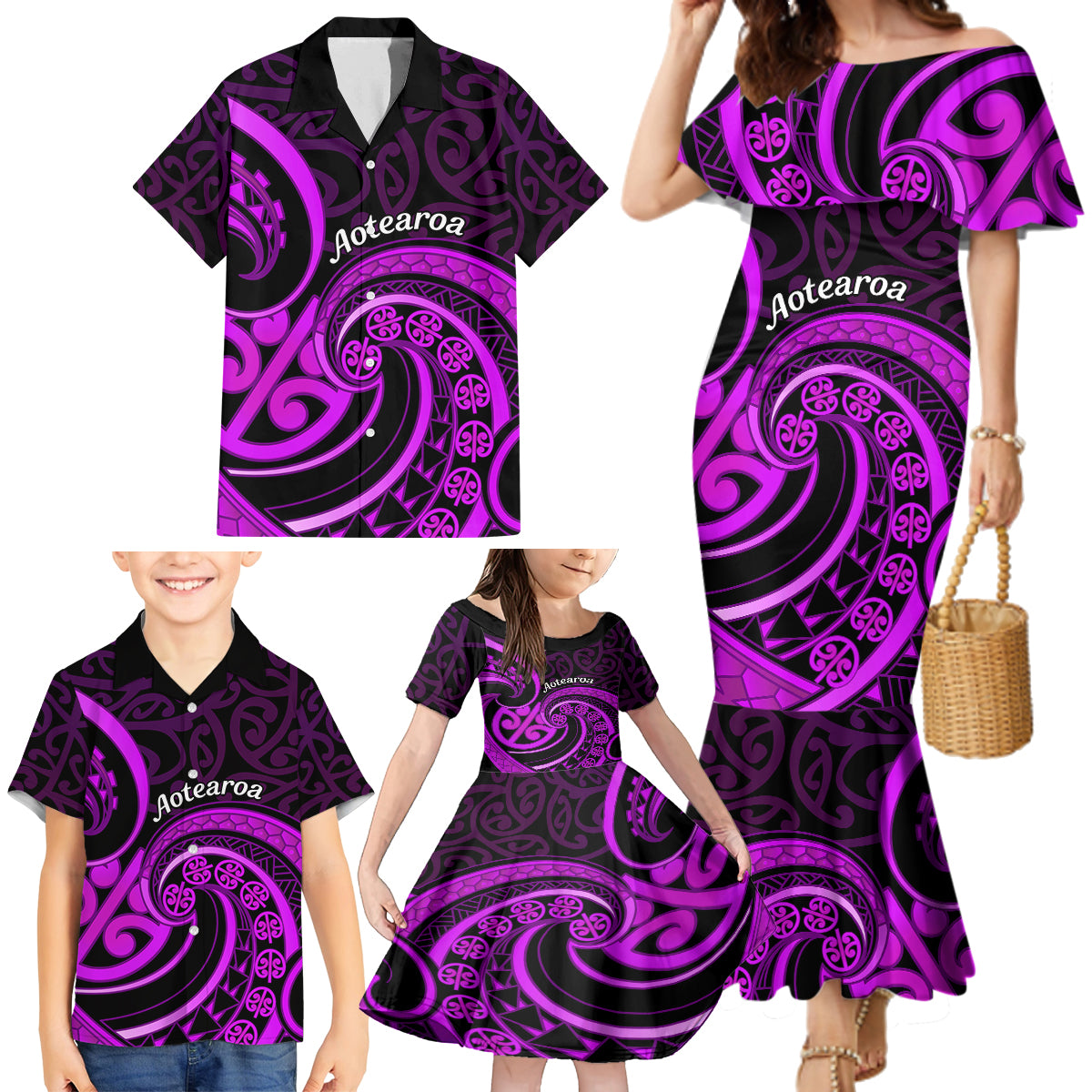 Purple Aotearoa Mangopare Family Matching Mermaid Dress and Hawaiian Shirt NZ Maori Koru Style