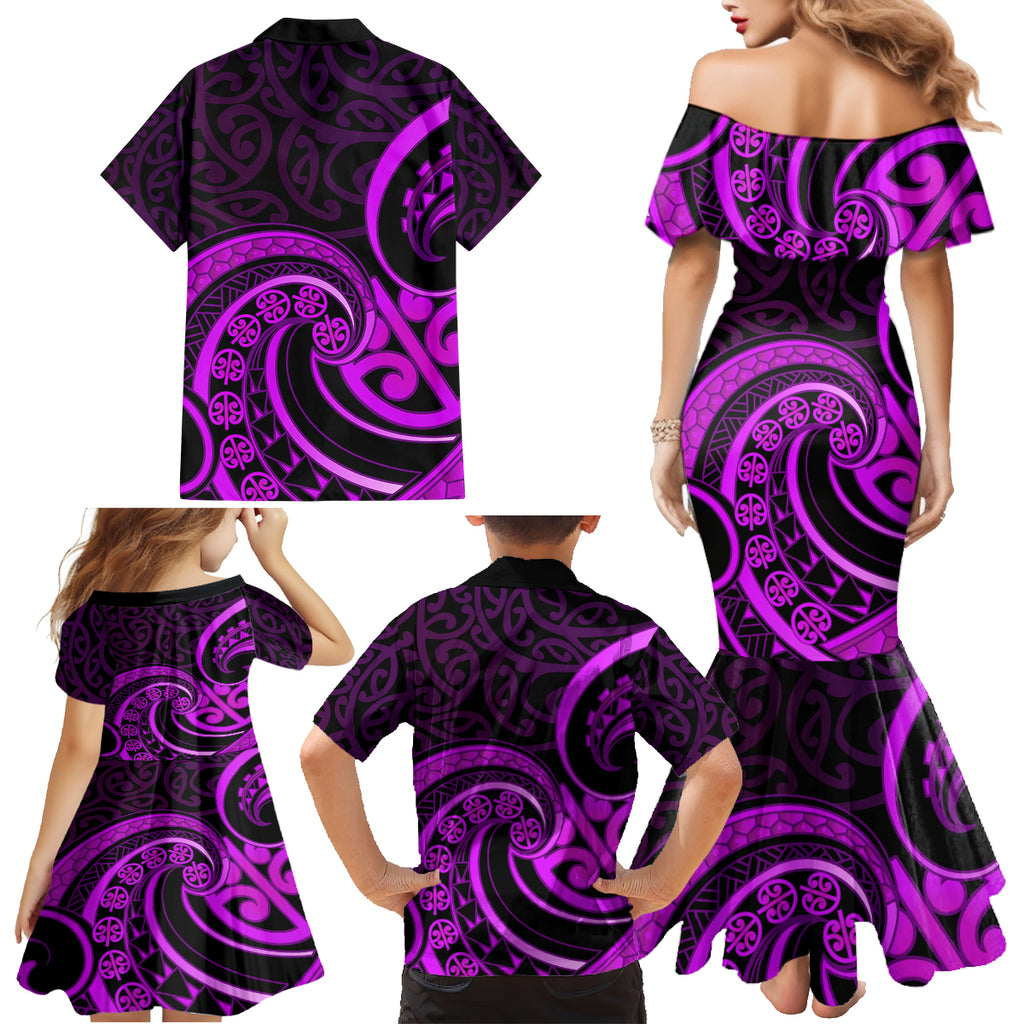 Purple Aotearoa Mangopare Family Matching Mermaid Dress and Hawaiian Shirt NZ Maori Koru Style