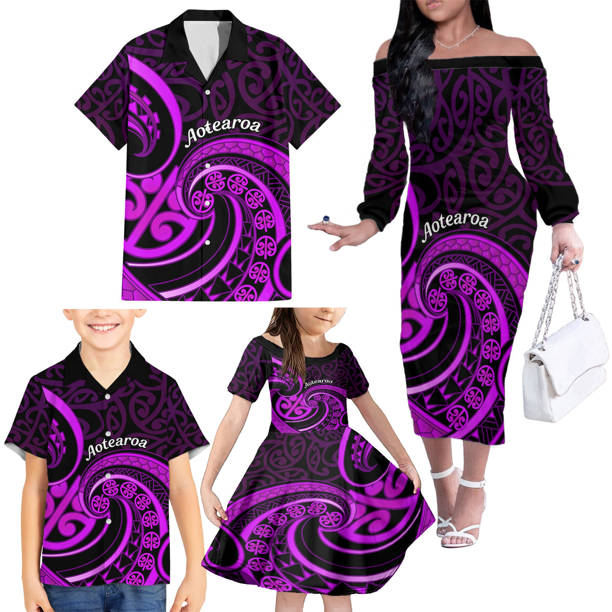 Purple Aotearoa Mangopare Family Matching Off Shoulder Long Sleeve Dress and Hawaiian Shirt NZ Maori Koru Style