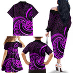 Purple Aotearoa Mangopare Family Matching Off Shoulder Long Sleeve Dress and Hawaiian Shirt NZ Maori Koru Style