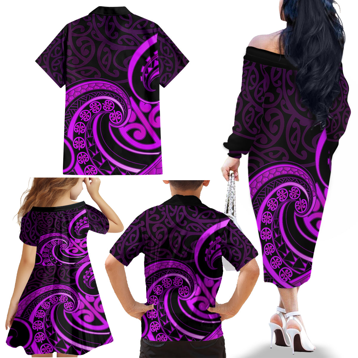 Purple Aotearoa Mangopare Family Matching Off Shoulder Long Sleeve Dress and Hawaiian Shirt NZ Maori Koru Style