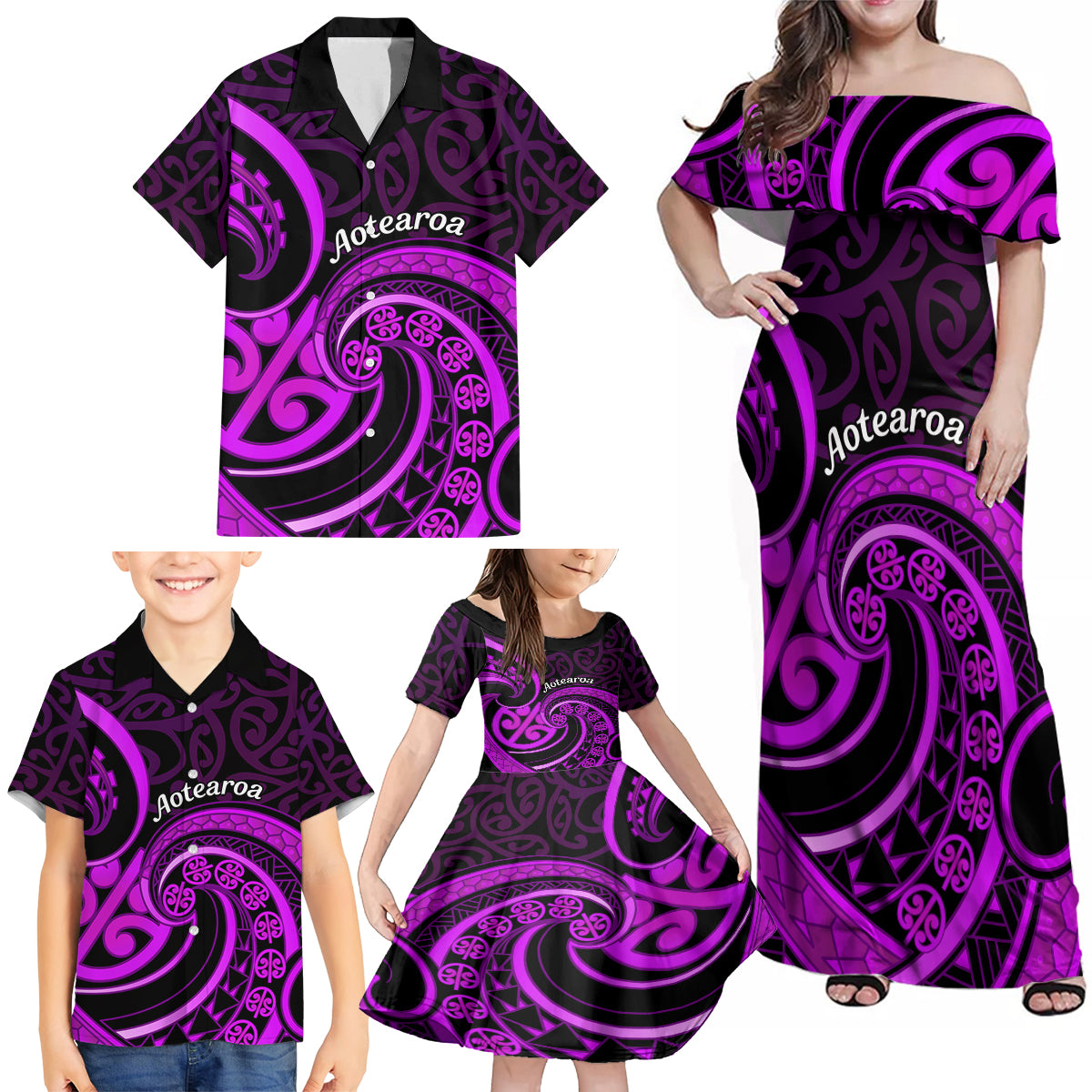 Purple Aotearoa Mangopare Family Matching Off Shoulder Maxi Dress and Hawaiian Shirt NZ Maori Koru Style