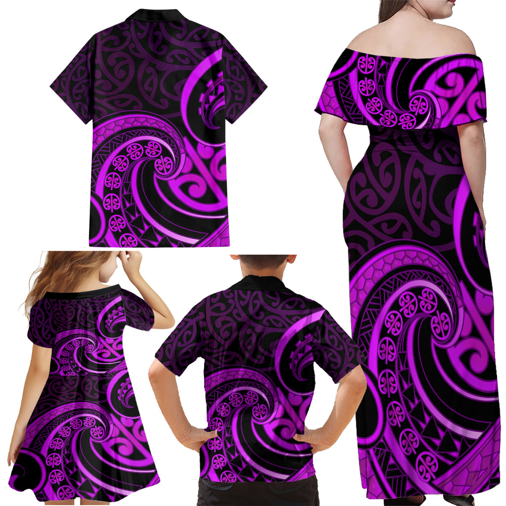 Purple Aotearoa Mangopare Family Matching Off Shoulder Maxi Dress and Hawaiian Shirt NZ Maori Koru Style