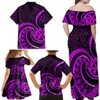 Purple Aotearoa Mangopare Family Matching Off Shoulder Maxi Dress and Hawaiian Shirt NZ Maori Koru Style