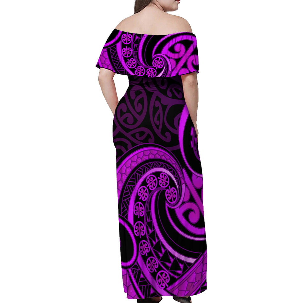 Purple Aotearoa Mangopare Family Matching Off Shoulder Maxi Dress and Hawaiian Shirt NZ Maori Koru Style