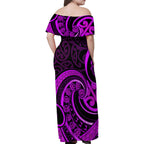 Purple Aotearoa Mangopare Family Matching Off Shoulder Maxi Dress and Hawaiian Shirt NZ Maori Koru Style