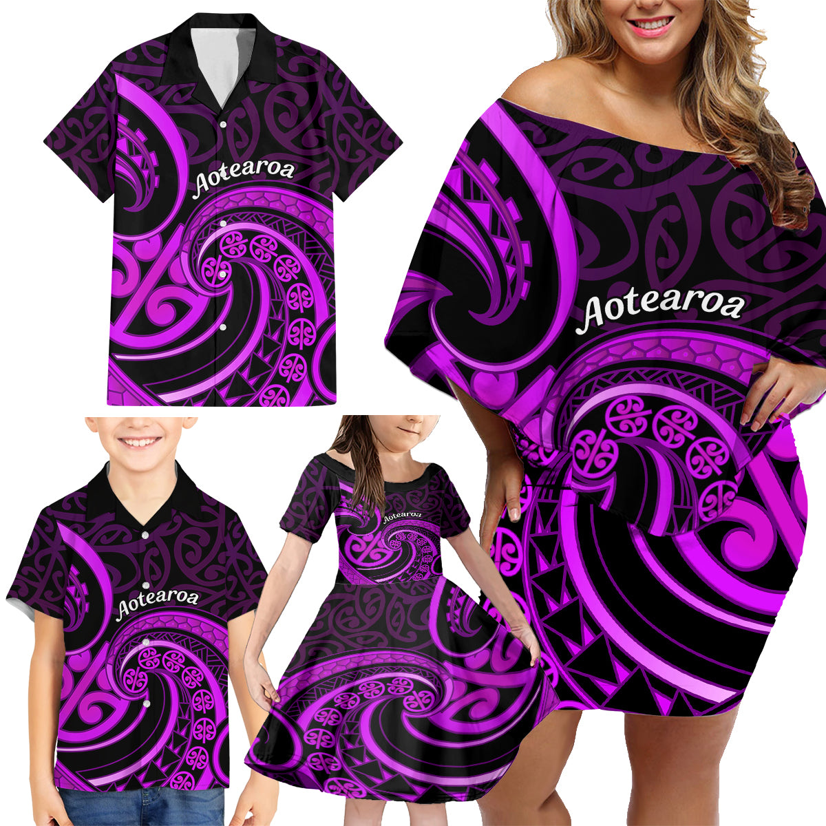 Purple Aotearoa Mangopare Family Matching Off Shoulder Short Dress and Hawaiian Shirt NZ Maori Koru Style