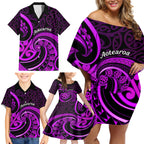Purple Aotearoa Mangopare Family Matching Off Shoulder Short Dress and Hawaiian Shirt NZ Maori Koru Style