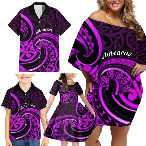 Purple Aotearoa Mangopare Family Matching Off Shoulder Short Dress and Hawaiian Shirt NZ Maori Koru Style