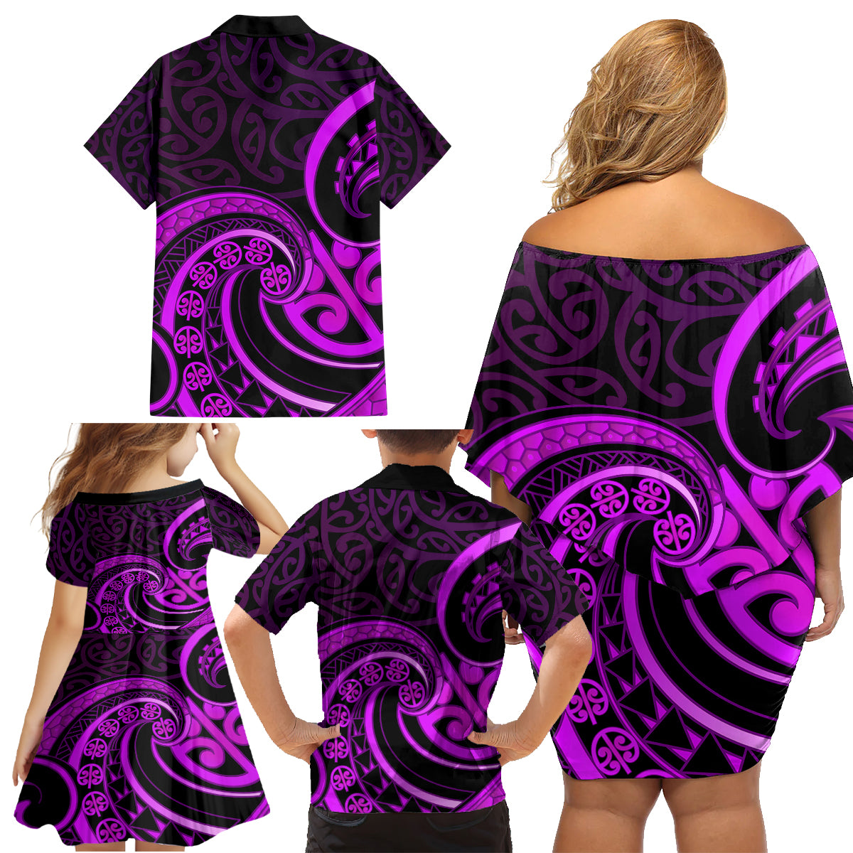 Purple Aotearoa Mangopare Family Matching Off Shoulder Short Dress and Hawaiian Shirt NZ Maori Koru Style