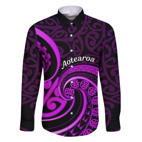 Purple Aotearoa Mangopare Family Matching Off Shoulder Short Dress and Hawaiian Shirt NZ Maori Koru Style