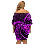 Purple Aotearoa Mangopare Family Matching Off Shoulder Short Dress and Hawaiian Shirt NZ Maori Koru Style